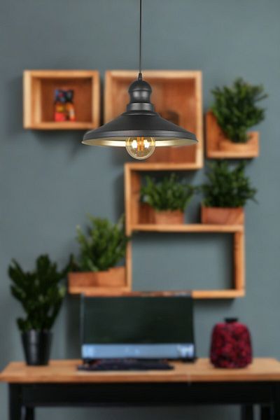 Fer Avize Azalea Modern Design - Black Head Metal, Gold Inside Black Single Chandelier (Without Bulb)
