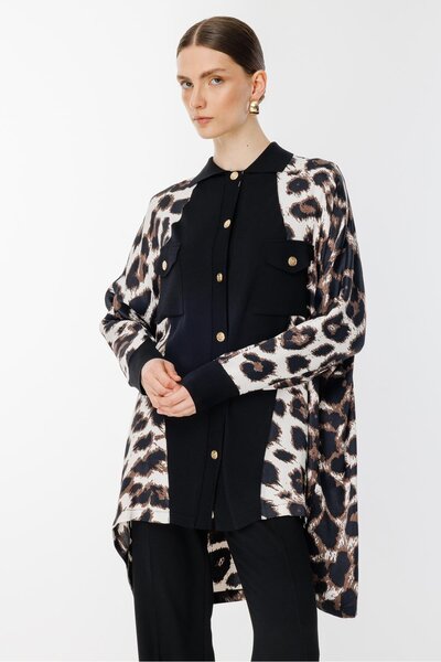 Ghisa Triko Detaylı Tunik Bej Siyah Leopar Siyah
