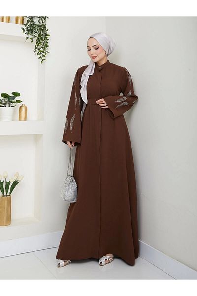 EFSUN MODA Γυναικείο Φόρεμα Ferace - Μουσουλμανικά Ρούχα με Λεπτομέρεια Πέτρας, Καφέ Χρώμα