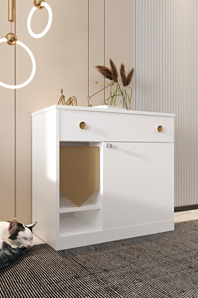 Mercie MONA Çekmeceli Ahşap Kedi Tuvaleti -kapağı Kilitli-Girişteki Kumaş Dah...