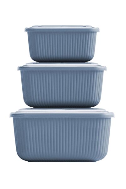 Flora 3 lü Erzak Gıda Saklama Kabı, Buzdolabı Düzenleyici Organizer 3 lü Set (600ml,1100ml,1800ml) Mavi