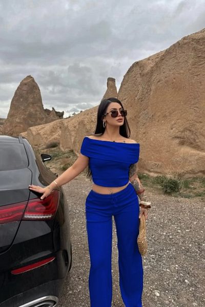 Siner Fashion Women's Blue Madonna Collar Blouse Loose Wide Leg Pants Bottom Top Set
