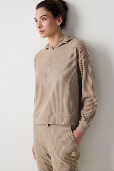 Penti Beigefarbenes, geripptes, weiches Sweatshirt mit Kapuze