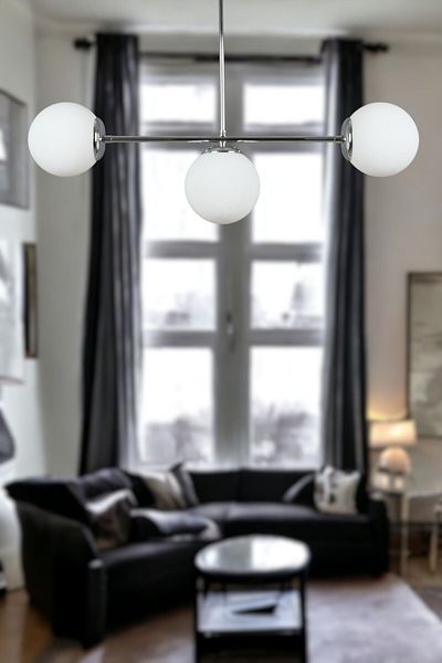 Fer Avize Neron Special Design Chrome Color Globe White Glass Living Room - Kitchen - Bedroom 3-Piece Chandelier