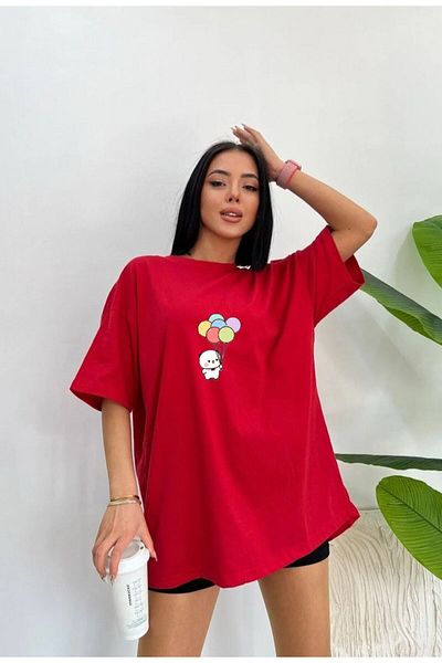 woonkey Women's Oversize Balloon Printed Crew Neck New Season T-Shirt