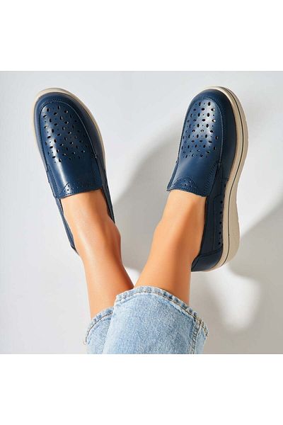 Joana Women's Loafers Natural Leather Navy Blue Nazari