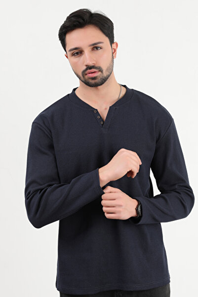 JB John Borners Ανδρικό φούτερ με λαιμόκοψη V με λεπτομέρεια με υφή Navy Blue - 5524