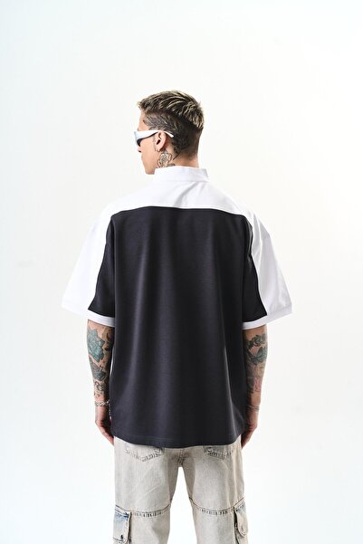 Respire Men's Studio Embroidered Half Zipper Oversize T-Shirt Smoked