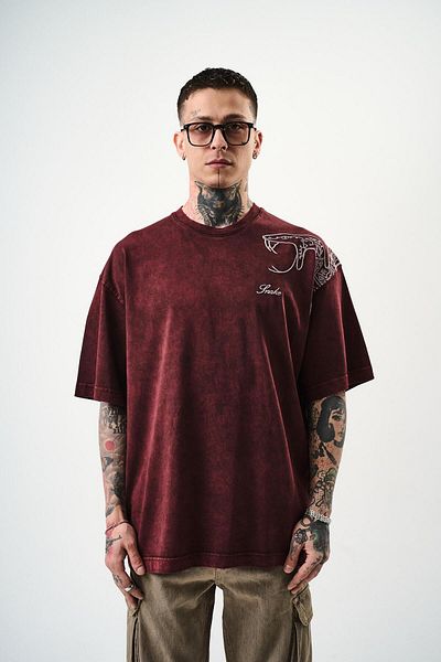 Respire Men's Snake Embroidered Washed Oversize T-Shirt Claret Red
