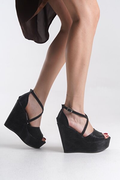 owwox club Sandra; Siyah ,12 cm Dolgu Topuklu Ayakkabı