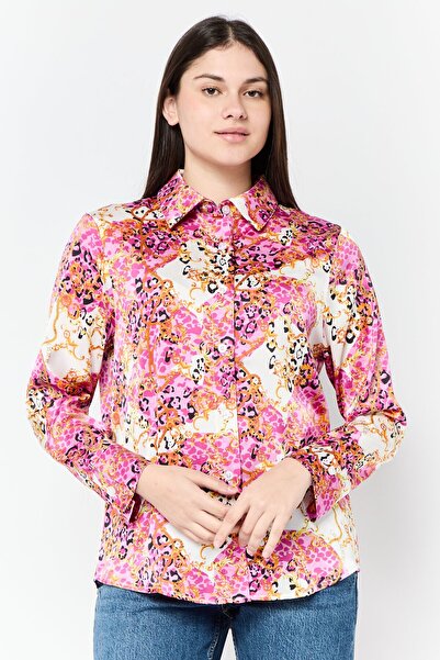 XOXO قميص نسائي من الساتان مطبوع بالكامل بأكمام طويلة وياقة واسعة، متعدد الألوان