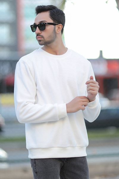 JB John Borners Men's Oversize Sweatshirt White Intersoft Ribbed Crew Neck Relaxed Cut - 5737