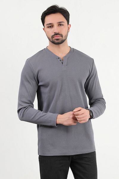 JB John Borners Men's V-Neck Button Detailed Textured Sweatshirt Anthracite - 5524