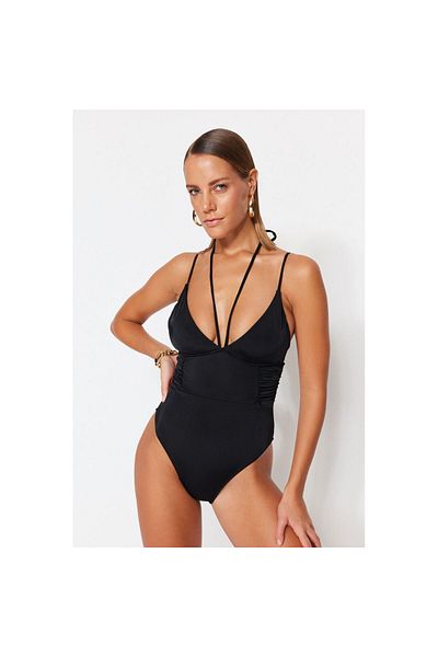 DEEP BEACH V-Neckline Side Shirring Detail Swimsuit