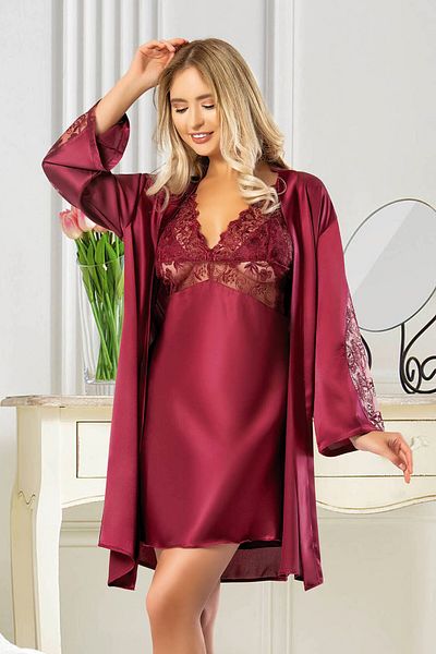Angels Story Set de 2 cămașă de noapte și halat din dantelă din satin burgundy