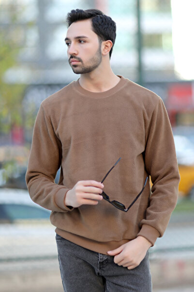 JB John Borners Мъжки суитшърт Oversize, кафяв, Intersoft, оребрен, с кръгло деколте, свободна кройка - 5737