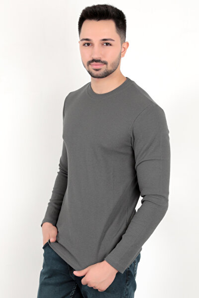 JB John Borners Ανδρικό μακρυμάνικο μπλουζάκι με υφή εφαρμοστό ελαστικό ύφασμα βάφλα σε σκούρο γκρι χρώμα - 5073-2