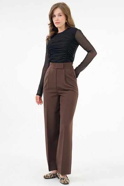 Saade Brown High Waist Velcro Closure Single Pleat Woven Palazzo Trousers