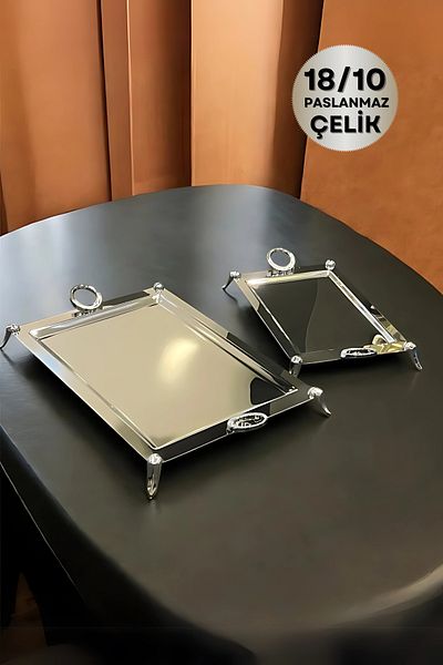 ÖzSa Home Set of 2 Pedestal 18/10 Stainless Steel Trays Tea and Coffee Serving Presentation Catering Tray Set