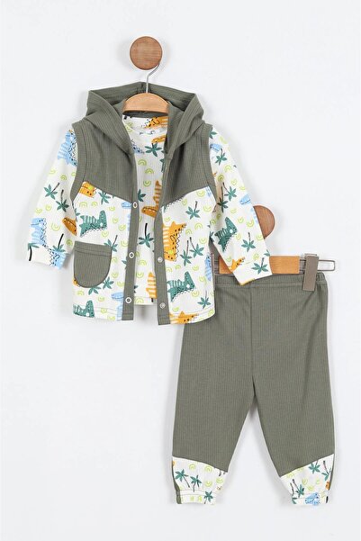 VOY KİDS ERKEK BEBEK MEVSİMLİK 3 PARÇA YELEKLİ KAPÜŞONLU DİNOZOR BASKILI 3'LÜ...