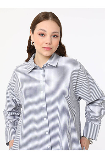 ALİA Pamuklu Büyük Beden Çizgili Poplin Gömlek Tunik - Beyaz - Mavi - Alia