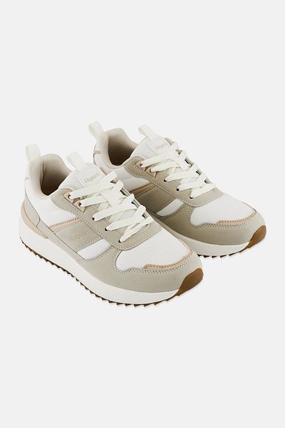 Algspar Women Brand Logo Lace Up Outdoor Shoes, Light Beige