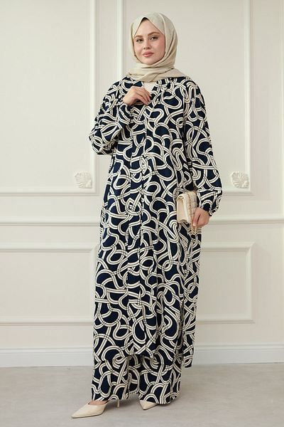 InStyle بدلة كيمونو طويلة بنمط سلسلة باللون الأزرق الداكن