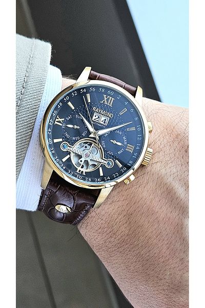 Raymond RYM-4120 AUTOMATIC MEN'S WRISTWATCH - STEEL CASE AND LEATHER BAND - 2 YEAR WARRANTY