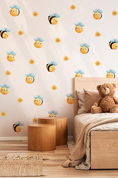 MSticker Sevimli Arılar ve Çiçekler Temalı Çocuk Bebek Odası Kreş Anaokulu Sticker Seti 47 Parça Özel Kesim