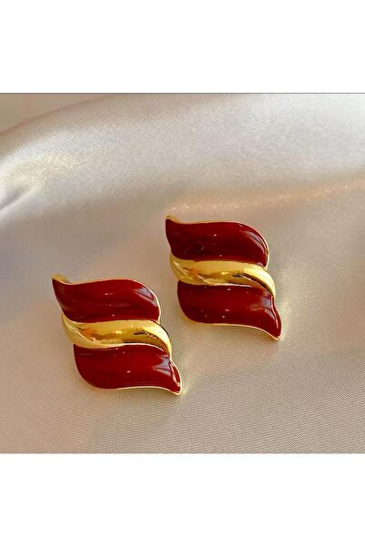Pelin Aksesuar Bordo Gold Kıvrımlı Vintage Küpe