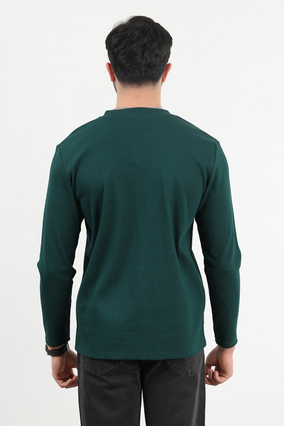 JB John Borners Erkek V Yaka Düğme Detaylı Dokulu Sweatshirt Koyu Yeşil - 5524