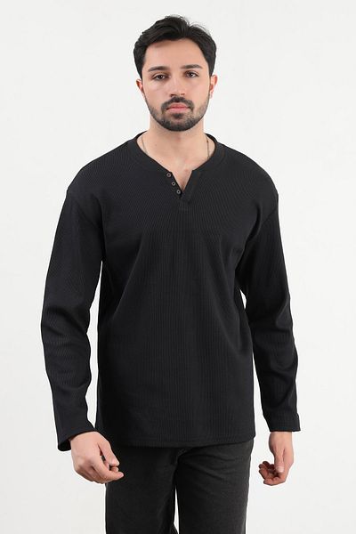 JB John Borners Men's V-Neck Button Detailed Textured Sweatshirt Black - 5524