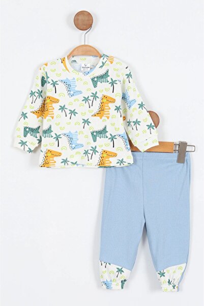 Egelite ERKEK BEBEK MEVSİMLİK 3 PARÇA YELEKLİ KAPÜŞONLU DİNOZOR BASKILI 3'LÜ TAKIM R1815