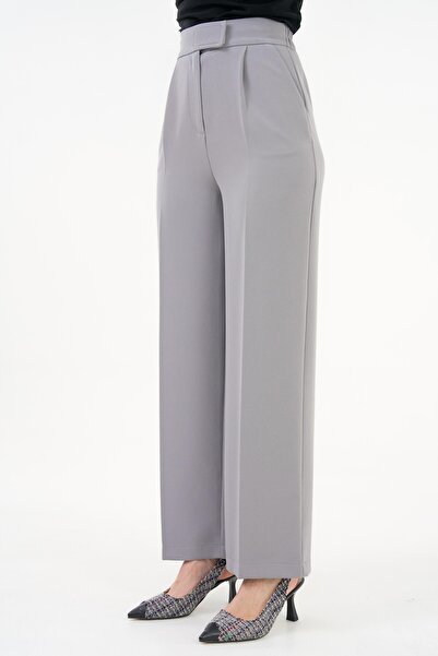 Saade Gray High Waist Velcro Closure Single Pleat Woven Palazzo Trousers