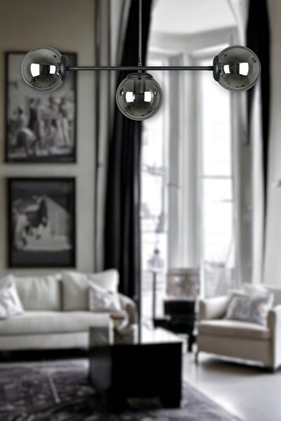 Fer Avize Neron Özel Tasarım Siyah Renk Globe Füme Camlı Salon - Mutfak - Yatak Odası 3'lü Avize