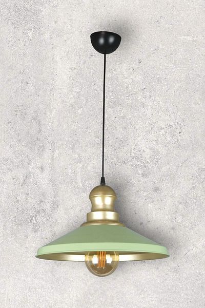 Fer Avize Azalea Modern Design - Green and Gold Colored Metal Head, Single Chandelier (Without Bulb)