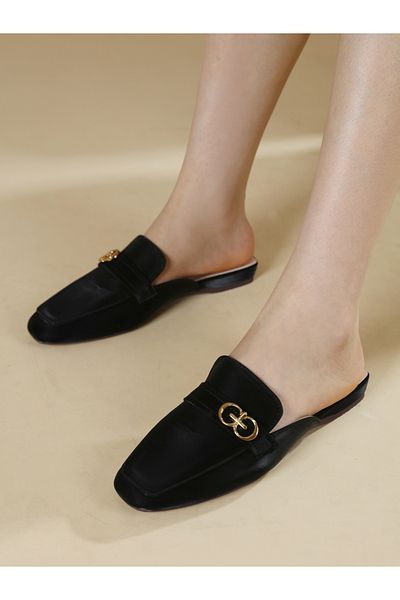 Sneak-a-Peek By Styli Metal Trim Square Toe Slip-On Mules