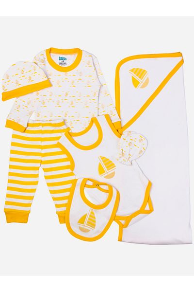 Babies Basic By Styli مجموعة من 7 قطع - بدلة قطنية، بلوزة، بنطال، مريلة، بطانية، قفاز وقبعة