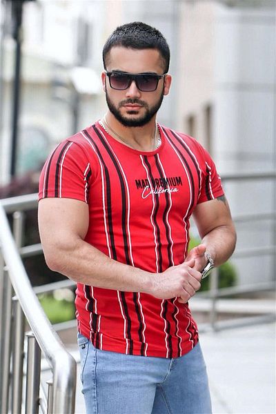 Madmext Printed Line Detailed Red T-Shirt Mad4048