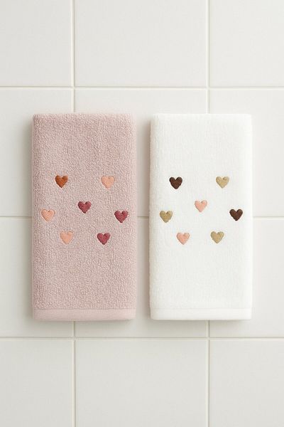 Arma House Set of 2 Pink & White Heart Embroidered Kitchen Towels 30X50 cm