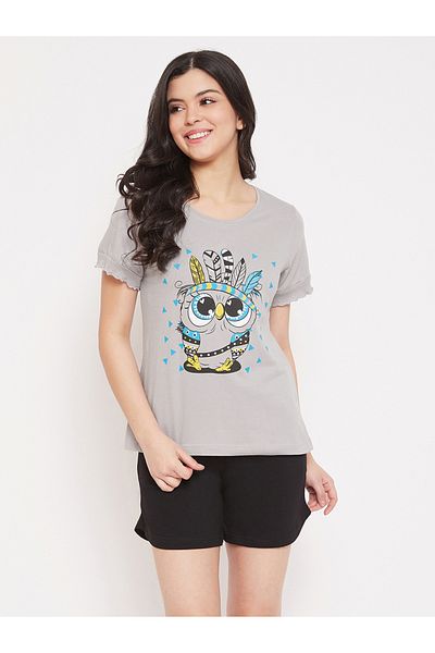 Clovia By Styli Women's Grey Owl Print Top & Black Shorts Nightwear Set
