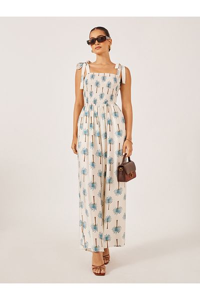 Styli Blue Palm Print Print Wide Leg Jumpsuit