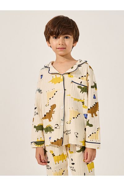Styli All Over Dino Print Ribbed Shirt and Pyjama Pants Set