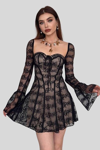 lovebox Lace Mini Dress Shiny Long Sleeve Party Prom Evening Party Mini Dress Etk-001