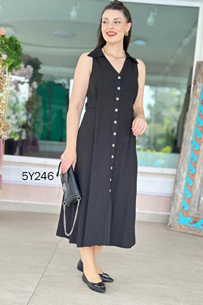 İnce Topuk Polo Yaka Düğme Detaylı Keten Elbise 5y246