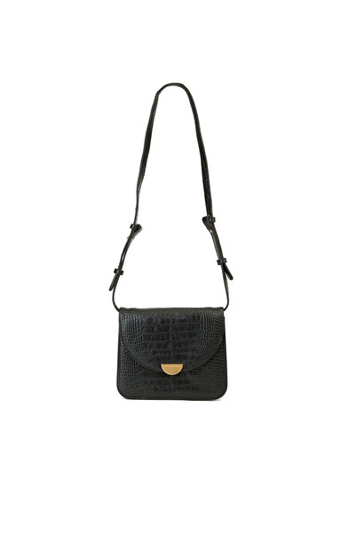 George Hogg Siyah Kroko Kadın Postacı Çantası