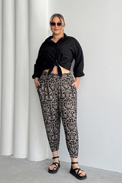 Stil Diva Large Size Patterned Shalwar Trousers with Elastic Waist and Legs and Pockets 74-75