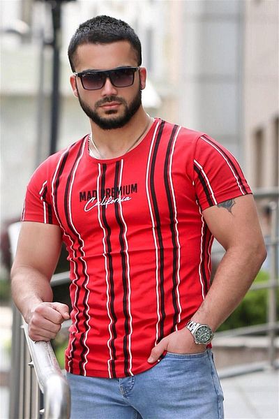 Madmext Printed Line Detailed Red T-Shirt Mad4048