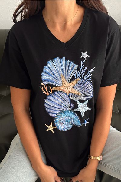 FEMELLE Tricou negru pentru femei, cu decolteu în V, mărime mare, cu paiete, brodat, 100% bumbac