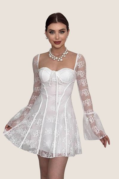 lovebox Lace Mini Dress Shiny Long Sleeve Party Prom Evening Party Mini Dress Etk-001